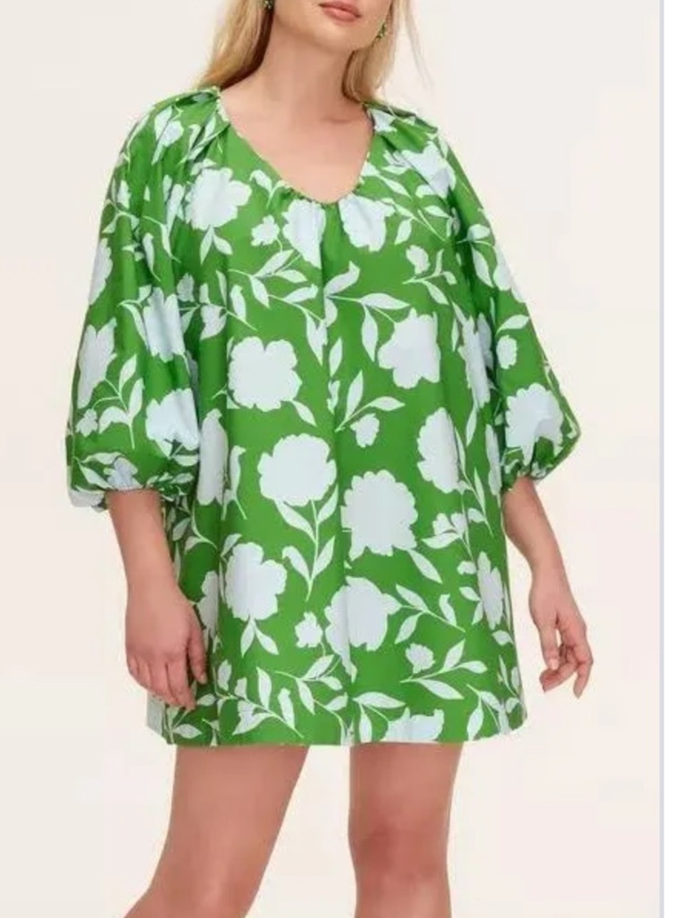 Green Floral V-Neck Puff-Sleeve Midi Dress
